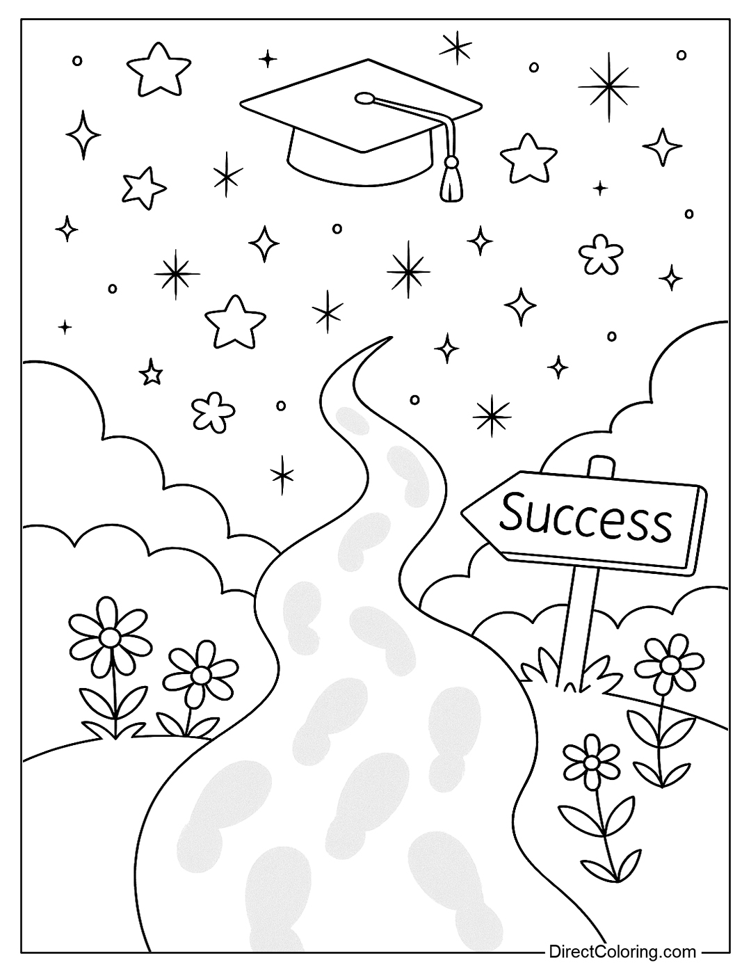 a coloring page of a path leading to a starry sky, with graduation footprints, and a sign that says “Success”